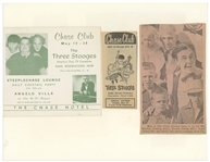 Moe Howard Items With Curly Joe: 5.5'' x 11'' Loew's Oriental Handbill for Three Stooges Show; 5.25'' x 4.75'' Invitation for Chase Club Show; 8'' x 10'' Glossy Photo; About 6 News Clips -- Very Good